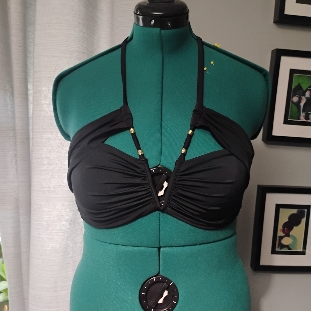 Marie Meili Black & Gold Adjustable Triangle Halter Swim Top Sz M NWOT